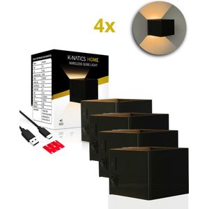 4x K-NATICS Oplaadbare Qube Lamp - Wandlamp - Draadloos - Wandlamp Oplaadbaar - Wandlamp Binnen - 5200mAh - Motion Sensor - Zonder Boren - Muurlamp Binnen Woonkamer/Slaapkamer/Badkamer/Kinderkamer