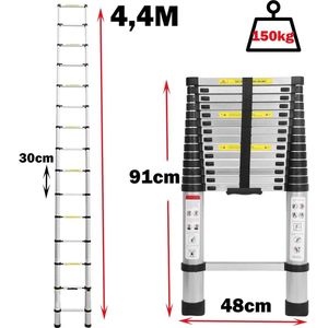 Mygroot - Telescopische Ladder - Telescopische Vouwladder - 4.4 m Werkhoogte - Aluminium