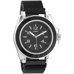 OOZOO Timepieces - Zilverkleurige horloge met zwarte metalen mesh armband - C10740