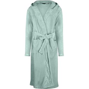 Charlie Choe badjas dames - 100 % zacht fleece - lang model - dames badjas met capuchon - trendy ochtendjas - azuurblauw - maat L