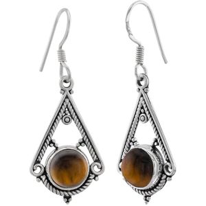 Zilveren oorbellen met hanger dames | Zilveren oorhangers, bewerkte triangel met Tiger Eye steen
