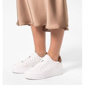 Manfield - Dames - Witte leren sneakers met bronskleurige details - Maat 36