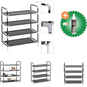 vidaXL Schoenenrek met 4 schappen metaal en ongeweven stof zwart - Schoenenkast - Inclusief Reiniger