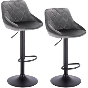 Verstelbare barkruk – Stoel - Barkruk - Rugleuning - Set Van 2 - Barkrukken met Rugleuning – Lederen - Velvet Zitting - Instelbaar met Voetsteun - Donkergrijs Velvet