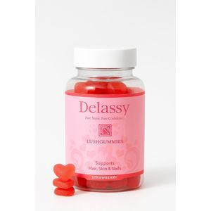 Delassy LushGummies – Haar, Huid & Nagels • Halal • Biotine Vitamines • Suikervrij • 60 Gummies • Strawberry