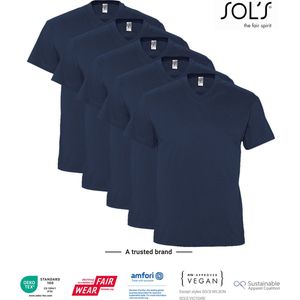 5 Pack SOLS V-hals, Heren T-Shirt 100% katoen V-hals, Donker Blauw Maat S