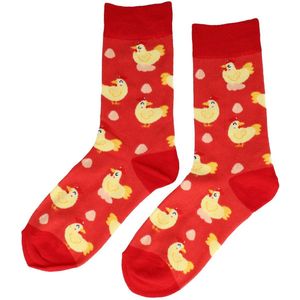 Sokken katoen - kippen print - rood - maat 36-43