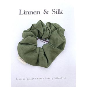 Linnen & Silk 100% Hoogwaardig Vegan Linnen Chique Scrunchie 6CM L - Forest Green - Groen