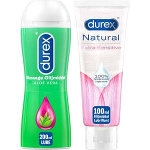 Durex - 2 Glijmiddelen - Voor Comfort En Genot - Waterbasis - Natural Extra Sensitive 100% natuurlijk 100ml - Massage olie en Glijmiddel Aloe Vera 2/1 200ml - Voordeelverpakking