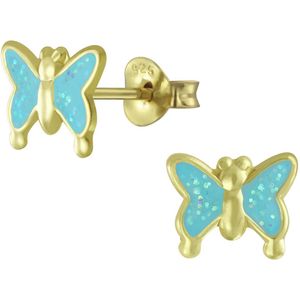 Joy|S - Zilveren vlinder oorbellen -glitter blauw - gold plated