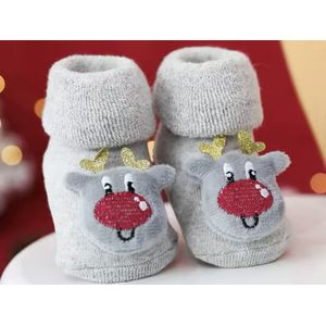 Kerstthema babysokken - Winterthema sokken - Kerstsokken - Rendier - Grijs - Baby Sokken - New born sokken - Kraamcadeau voor Jongen of Meisje - Babyshower Cadeau - Kraammand