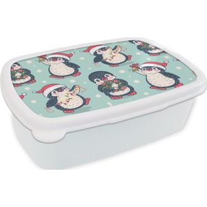 Broodtrommel Wit - Lunchbox - Brooddoos - Pinguïn - Lichtsnoer - Kerstkrans - Patronen - 18x12x6 cm - Volwassenen