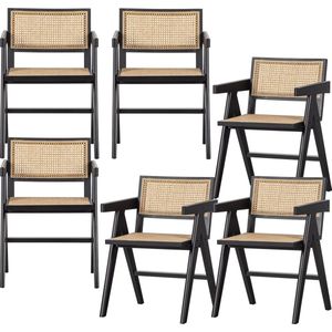 WOOOD Gunn Eetkamerstoelen Rattan - Hout - Zwart- Set van 6