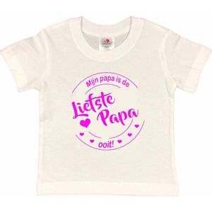 T-shirt Kinderen ""Mijn papa is de liefste papa ooit!"" Vaderdag | korte mouw | Wit/Fluor pink | maat 86/92 (XXS)