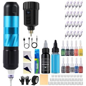 White-Label® Tattoo Machine met Accessoires - Tattoo Machines Draadloos - Tattoo Set Inclusief Inkt en Naalden - Tattoo Kit -Zwart en Blauw