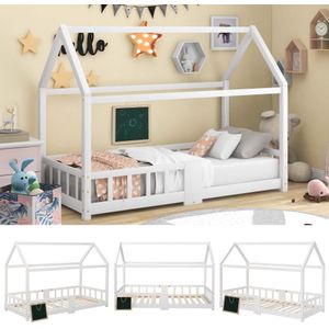 Kinderbed, huisbed, 90 x 200 cm, houten bed voor kinderkamers inclusief planken, lattenbodems, valbeveiliging, van grenenhout, wit (zonder matras).