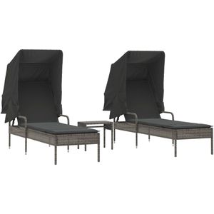 vidaXL Ligbedden 2 st met luifels en tafel poly rattan grijs - Ligbed - Ligbedden - Tuinstoel - Tuinmeubel