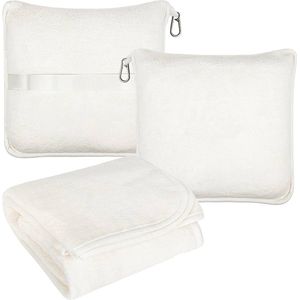 Fleece Reisdeken en Reiskussen - Premium Zacht 2 in 1 Deken met Zacht Kussensloop en Rugtas Clip - Wit
