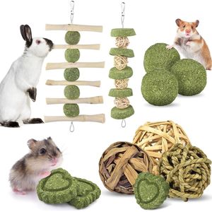 Kauwspeelgoed voor konijnen, 11 stuks, hamsterspeelgoed, natuurlijk appelhout, kauwen, grasbal, timothy hooisticks, gras, cake voor haasjes, chinchilla, hamsters, cavia's, renmuizen