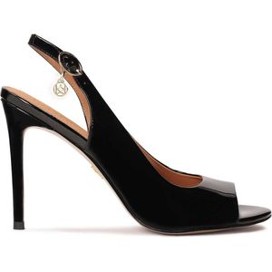 Black lacquered sandals with a covered upper