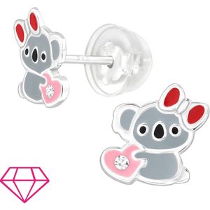 Joy|S - Zilveren koala oorbellen - grijs met roze hartje en rood strikje - kinderoorbellen - extra zacht sluiting (vlindersluiting met siliconen omhulsel)