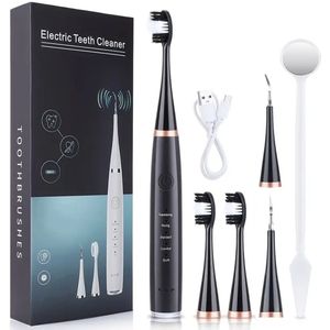 electrische tandenborstel - 6 delig - oplaadbaar - zwart - 5 standen - waterproof - fijn apparaat