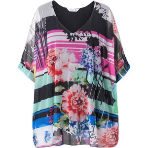 MIAMODA - Dames - Mesh blouse oversized all-over print ondoorzichtige jersey top - Zwart - Maat 42+