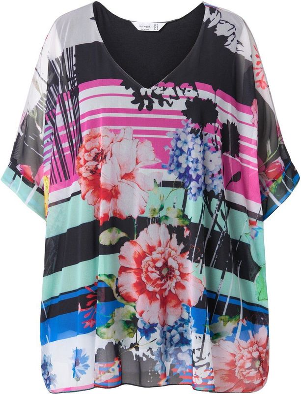 MIAMODA - Dames - Mesh blouse oversized all-over print ondoorzichtige jersey top - Zwart - Maat 42+