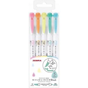 Zebra Mildliner Brush Pennen, Mild Bright Colors Set van 5 verpakt in een Bag
