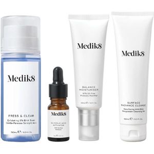Medik8 Surface Radiance Cleanse 150ml + Press & Clear Cleanser 150ml + Balance Moisturiser + Glycolic Adic Activator 50ml