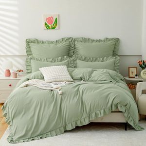 JGS ® Esthetische Lichtgroene Beddengoedset voor Meisjes met Ruches, Zachte Microvezel Dekbedovertrek