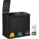 SONGMICS - Keukenafvalbak - Zwart - Pedaalemmer - 3 Compartimenten - 24 Liter - Afvalscheiding