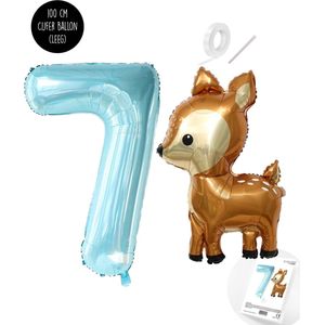 Snoes - Bambi Basis ballon set XXL Cijferballon Baby Blue 7 - Lief Hert + Cijfer Ballon 7 Jaar - Helium Geschikt