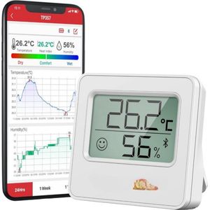 Thermometer TP357 met App - Bluetooth 80m - Kamerthermometer Binnen - Luchtvochtigheidsmeter met Smileyindicator & Grafiek - Hygrometer - Wit