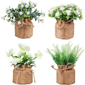 Kunstbloemen in pot, nep-potplanten, 4 stuks, mini-kunstplanten, kunstplant in pot met zaklinnen, plastic planten, decoratie, wit