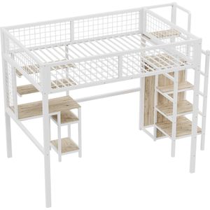 Merax Hoogslaper 140x200 cm met Kast en Bureau voor Kinderen - Tweepersoonsbed met Ladder - Kinderbed met Metalen Frame - Wit