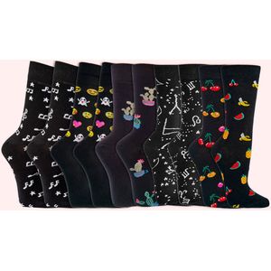 Voordeelbundel - 10 Paar - Zwarte Sokken - Grappige Prints - Vrolijke Sokken