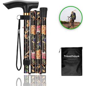 Travelhawk Wandelstok - Verstelbaar en Opvouwbaar - Zwarte bloemen - Incl. Opbergtas - loopstok Ouderen