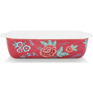 Pip Studio Flower Festival Ovenschaal - Rechthoekig Oven Servies - Donkerroze - 27.5x18.5x6.5cm