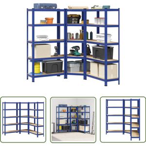 vidaXL Legbordenset - 3 stuks - Blauw - 5-laags Opslagkast - Industriële Opslag - Metalen Rek - Houten Plank - Garage Organisatie