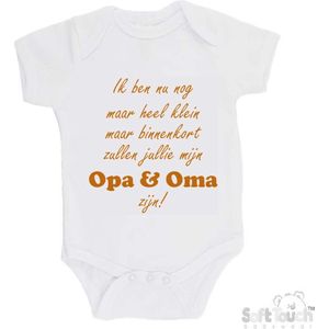 100% katoenen Romper ""Ik ben nu nog maar heel klein maar binnenkort zal jij mijn opa & oma zijn!"" Unisex Katoen Wit/tan Maat 62/68