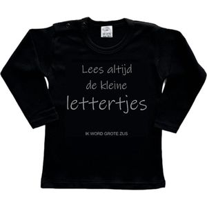 Shirt Aankondiging zwangerschap ""Lees altijd de kleine lettertjes (ik word grote zus)"" | lange mouw | Zwart/grijs | maat 86 zwangerschap aankondiging bekendmaking Baby big bro Sis Sister