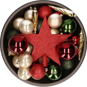 33x stuks kunststof kerstballen met piek 5-6-8 cm rood/groen/champagne incl. haakjes - Kerstversiering
