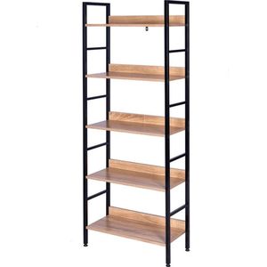 Boekenkast met 5 Lagen - Opbergkast - Wandkast - Ladderrek - Licht Eik / Zwart 60x27.5x160 cm