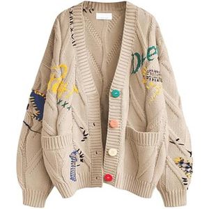 Dames vest met kabelbreisel en V-hals, lange mouwen, casual trui met borduurwerk