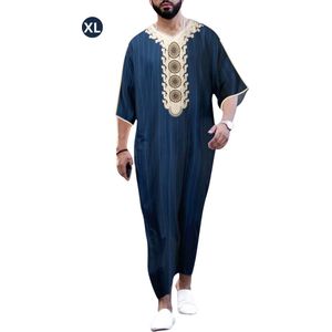 Livano Moslim Kleding - Djellaba Heren - Islamitische Kleding - Alhamdulillah - Arabisch Mannen Kaftan - Marineblauw - Maat XL