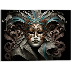 PVC Schuimplaat- Wit Venetiaanse carnavals Masker met Blauwe en Gouden Details tegen Zwarte Achtergrond - 40x30 cm Foto op PVC Schuimplaat