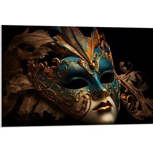 PVC Schuimplaat - Venetiaanse carnavals Masker met Blauwe en Gouden Details tegen Zwarte Achtergrond - 90x60 cm Foto op PVC Schuimplaat (Met Ophangsysteem)
