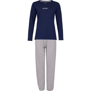 By Louise Dames Pyjama Set Lang Katoen Donkerblauw / Grijs Gestipt - Maat XL