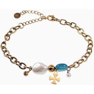Dottilove Armband Dames - RVS Gold plated - Schakelsarmband met Zoetwaterparel en Steen - Verstelbaar